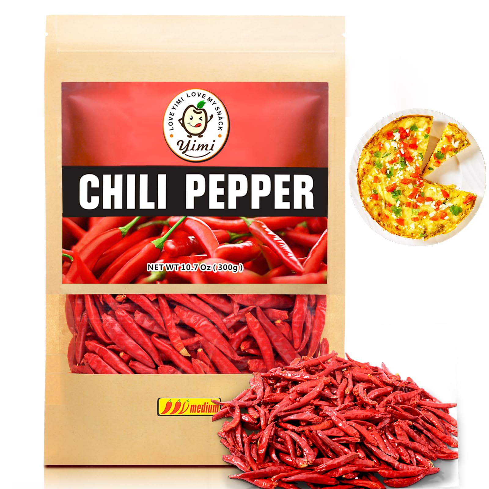 Yimi Dried Chiles Peppers, 10.7oz Dry Whole Red Chilis, Spicy Hot Heat, Great For Mexican,Thai and Chinese Recipes,like Pozole, Tamales, Hotpot, In Resealable Bags, Medium Hot, Ideal for Gift