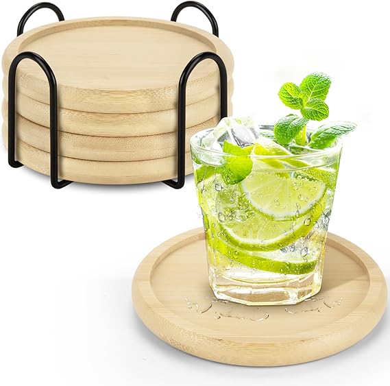 Coasters Set of 4,Bamboo Drink Coasters with Holder,Coffee