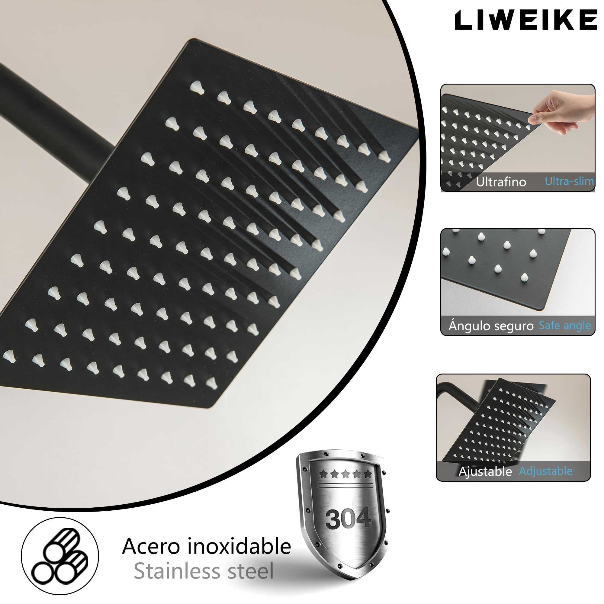 LIWEIKE Columna Ducha Negra, Columna Ducha sin Grifo Con Rociador de Lluvia de acero Inoxidable de 8 Pulgadas, Columna Ducha con 3 Modos de Pulverización, Negro Mate