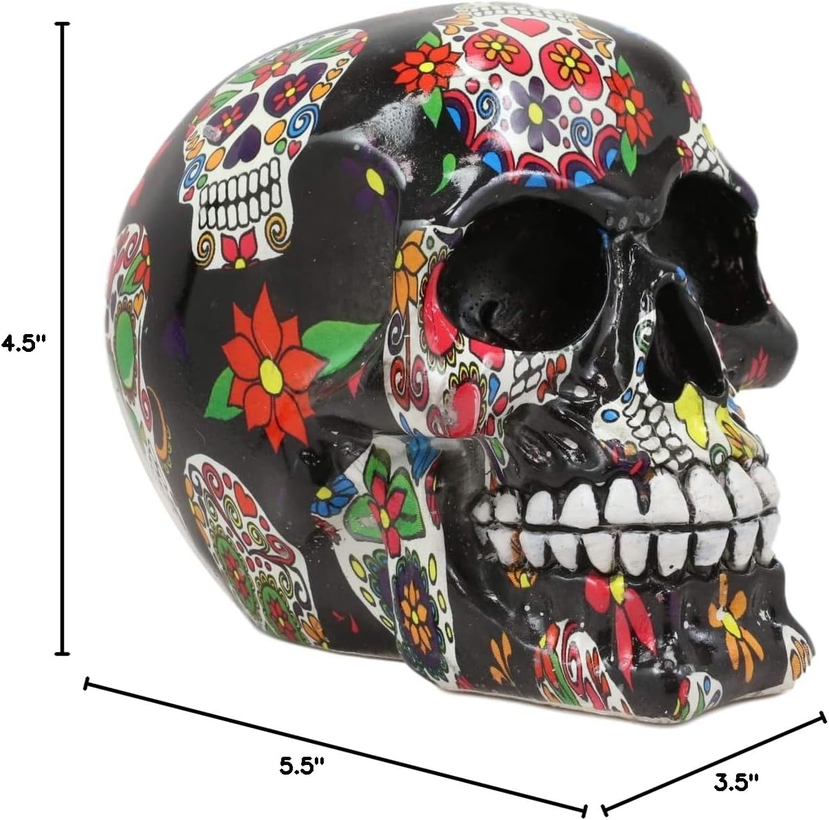 Ebros Gift Day of The Dead Black Sugar Skull with Floral Parade Mask Skulls Imprint Statue As Decorative Halloween Prop Gothic Haunted Themed Skeleton Cranium Figurine