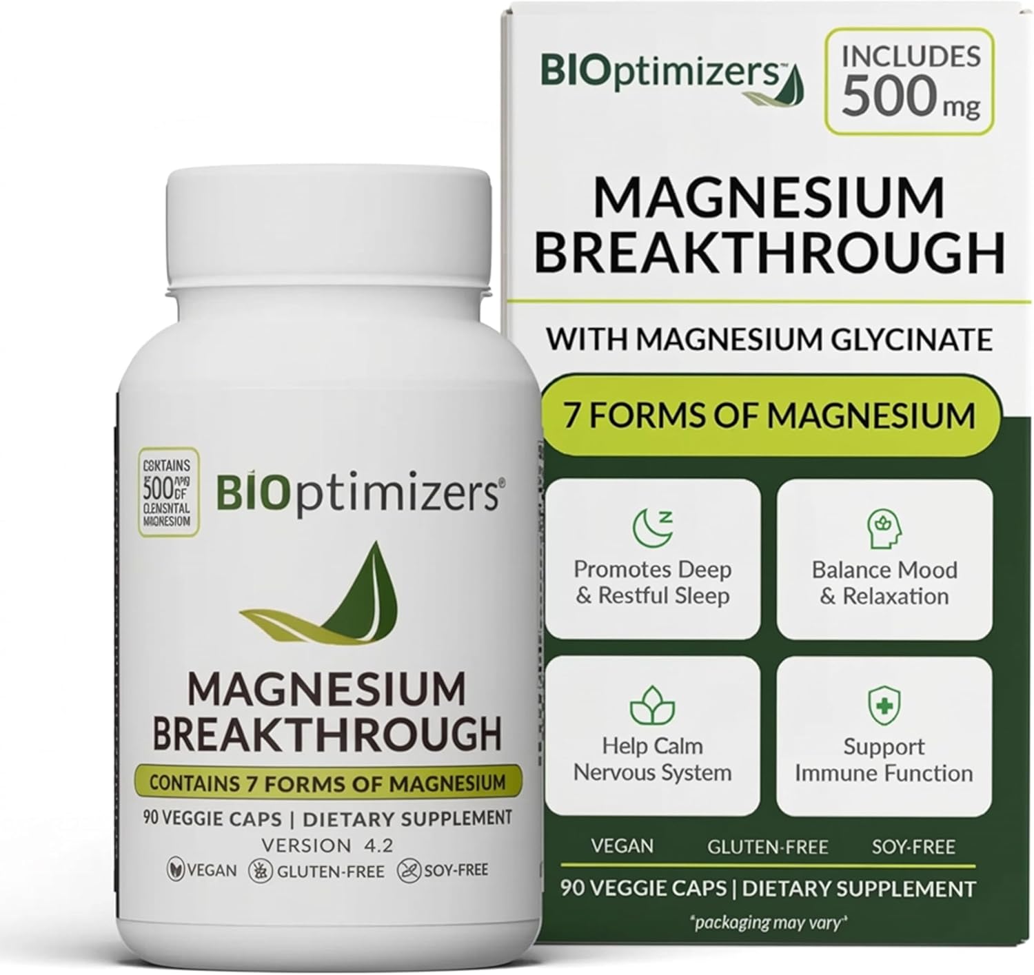 BIOptimizers Magnesium Breakthrough Supplement with 500mg - 7 Forms of Magnesium: Glycinate, Malate, Citrate, and More - Natural Support for Sleep and Cognitive Function -90 Capsules- Calming Vitamins