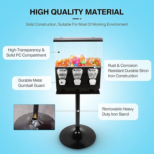 Miniatura 5 de IRONWALLS Máquina expendedora comercial de dulces con soporte, máquina expendedora de chicles de juguete de cápsula negra para negocios, máquina