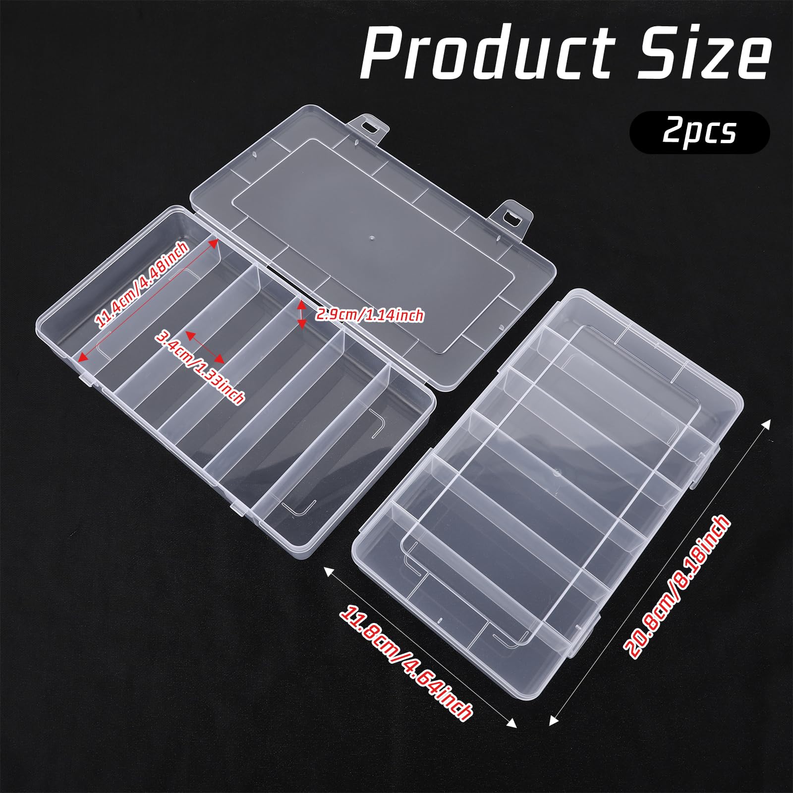 2 Pack Tackle Box Organizer 6 Grids, Clear Plastic Fishing Tackle Box, Compartment Storage Box, Craft Organizer for Lure Bait Hooks Storage Screws Nail Pins(8.18×4.64×1.29inch)