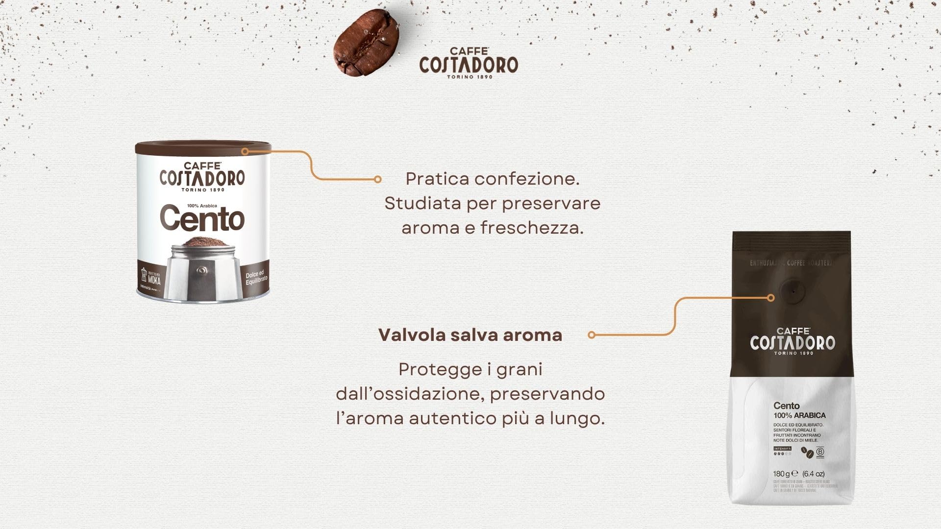 Costadoro Cento – kawa mielona 100% Arabica do kawiarki moka, o słodkim i zrównoważonym smaku, zestaw 6 × saszetki 180 g + 1 × puszka 250 g, wyprodukowano we Włoszech