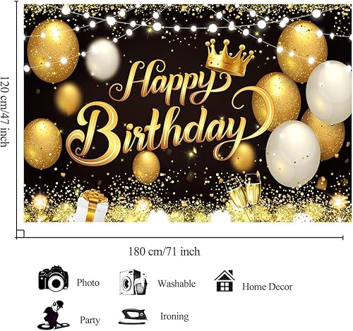 Miniatura 3 de YinQin Telón de fondo para fiesta de cumpleaños de 70.9 x 47.2 in, color negro y dorado, 71 x 47 pulgadas, con purpurina y oro negro y dorado para