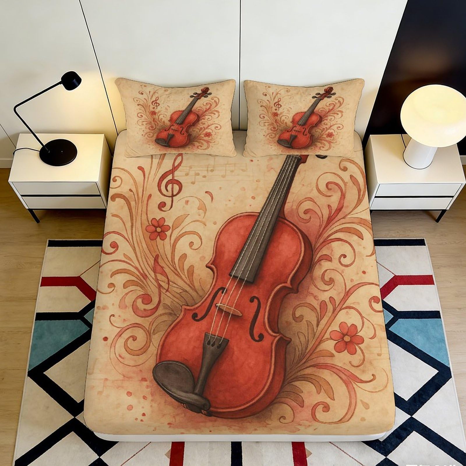 Jqzkxnhpbr Style-9 3D Printed Violin Art Fitted Sheet Microfiber Soft Musical Notes Mattress Cover For Bedroom Guest Room Decor 90X200x25cm
