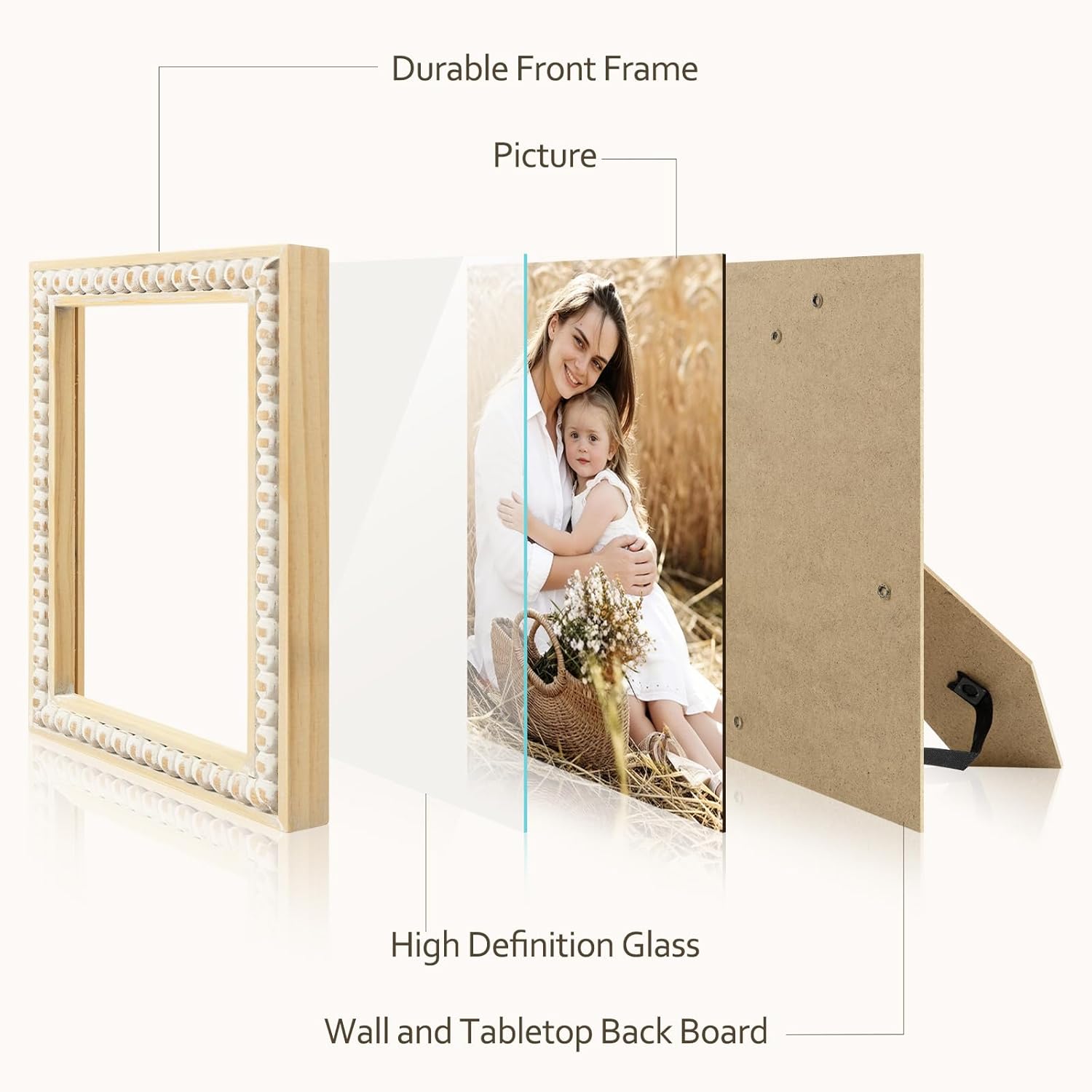Golden State Art 5x7 Boho Picture Frame, Solid Wood with Real Glass, Rustic Farmhouse Decor, Tabletop & Wall Mount, Vertical or Horizontal Display, 2 Pack