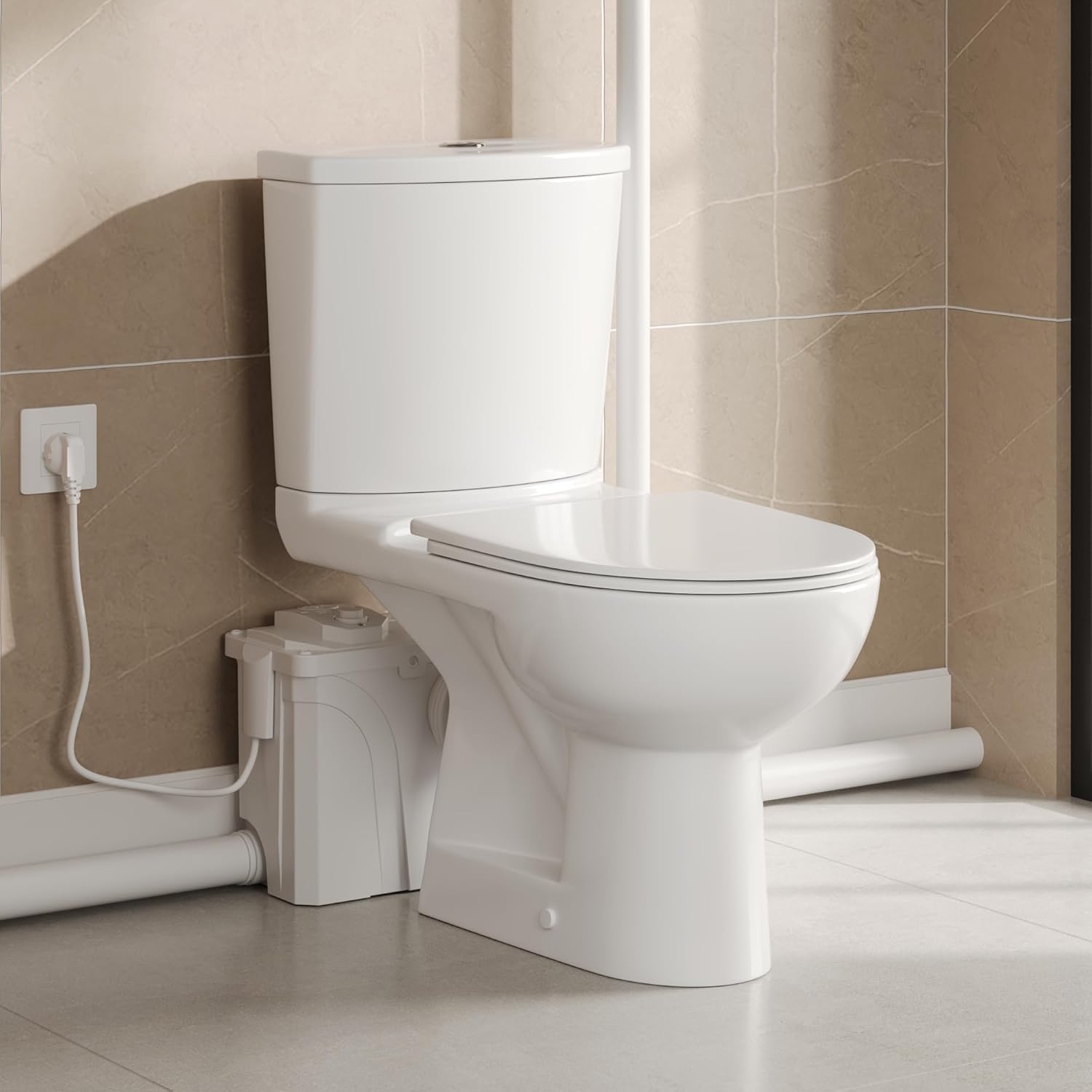 DeerValley 700W Macerating Toilet System, 0.94HP, 23ft Vertical / 230ft Horizontal Pumping,Complete Basement Toilet Installation Kit
