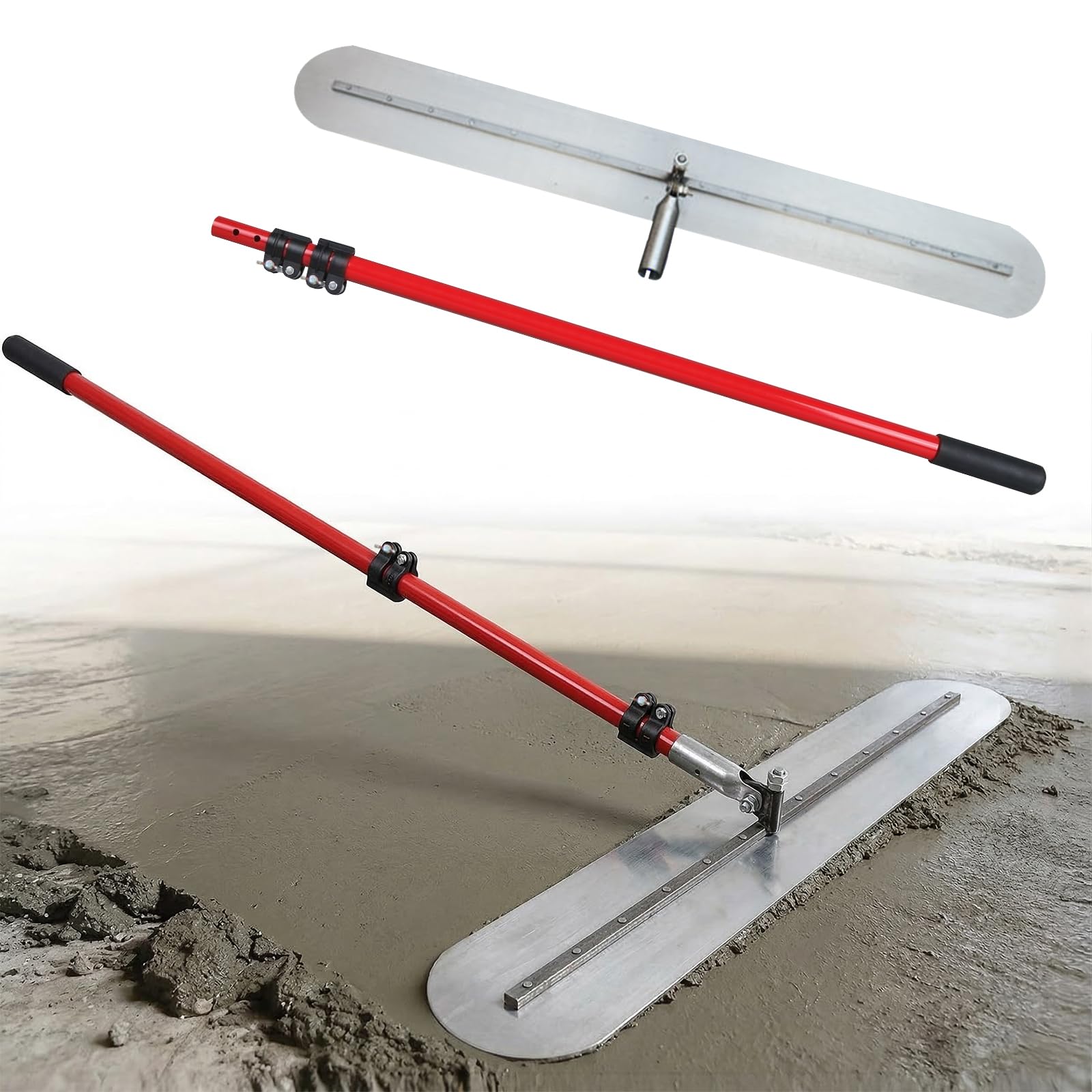 Bull Float Concrete Float, Bull Float Concrete Tool with 100x12.5cmx1.2mm Round-Head Trowel, 1.7-3M Adjustable Telescopic Pole Manganese Steel Concrete Float Cement Tool for Concrete Finishing