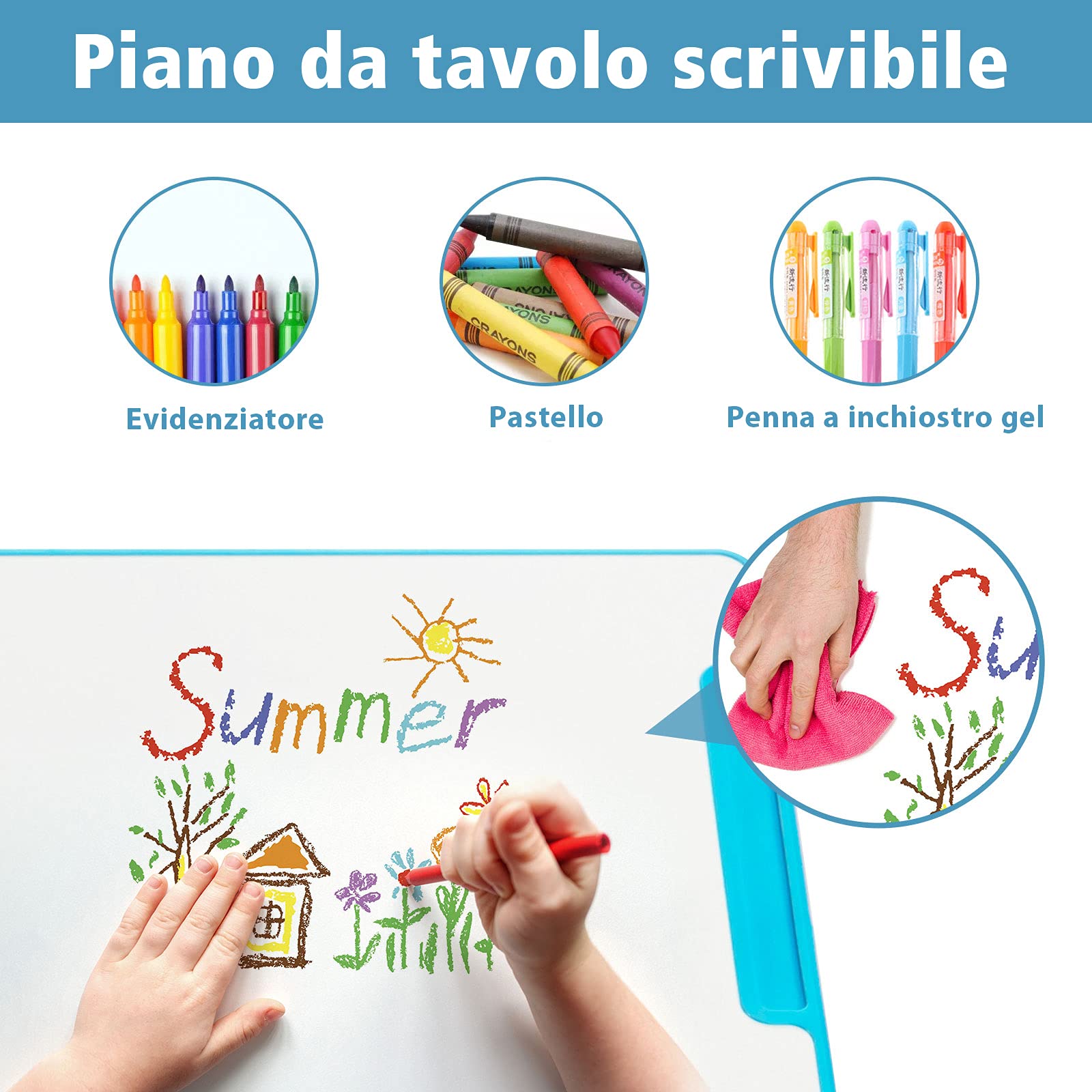 COSTWAY Set Scrivania e Sedia per Bambini, Tavolo Regolabile in Altezza con Piano Inclinabile 45° e Luce LED 3 Modalità, Tavolo e Sedia Ergonomica in Materiali Sicuri per 4+ Anni (Blu)