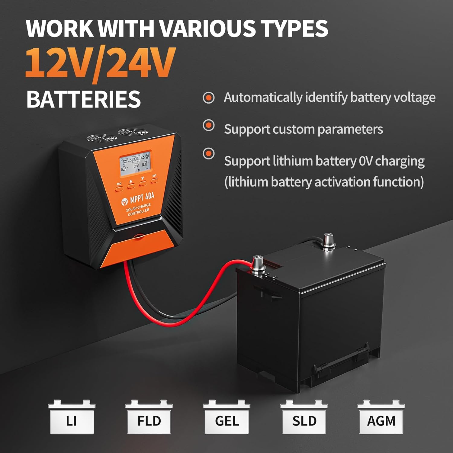40A MPPT Solar Charge Controller 12V/ 24V Solar Panel Charge Controller Intelligent Regulator for FLD/LiFePO4/SLD/GEL/AGM with Dual USB Port Auto Parameter LCD Display and Timer Setting ON/Off Hours