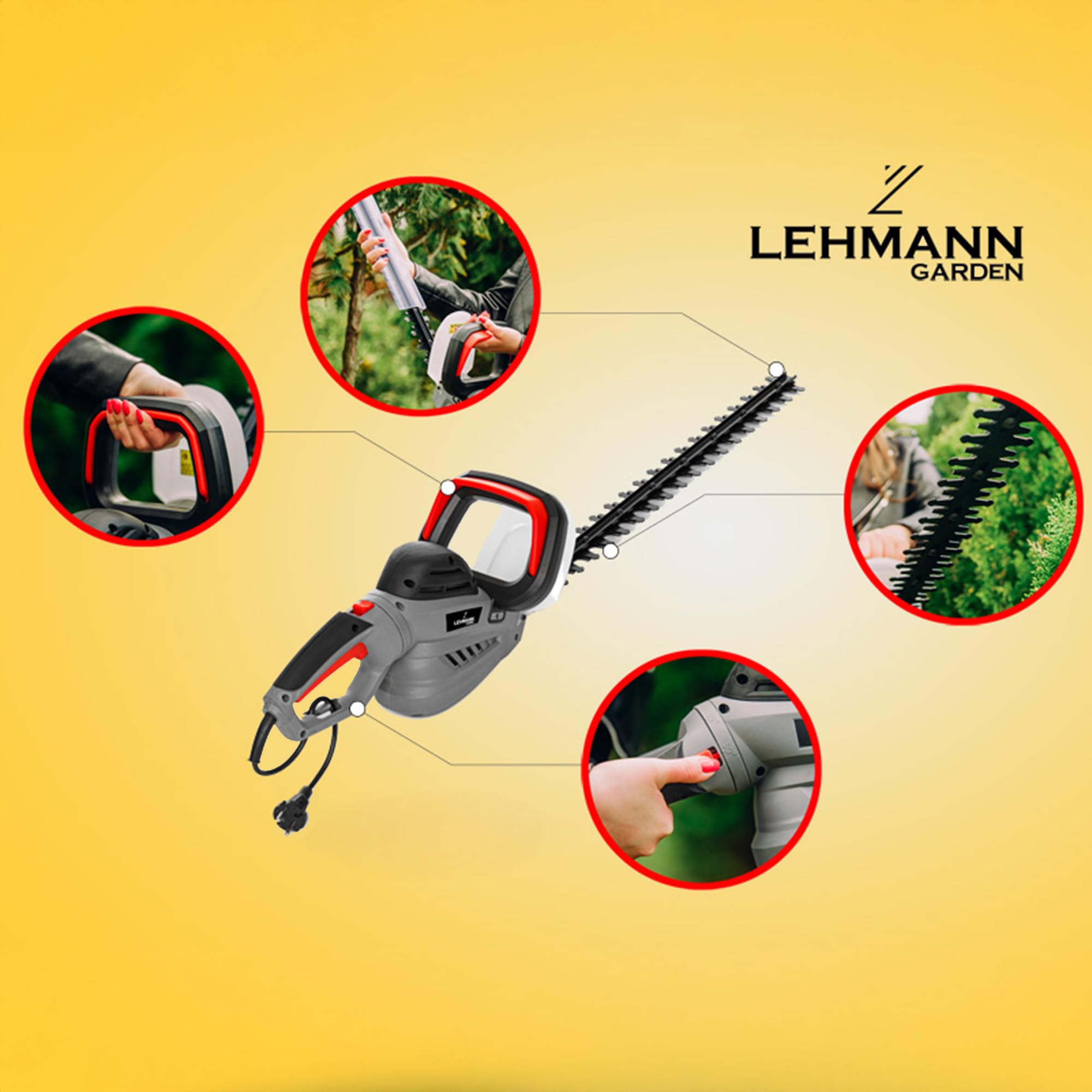 LEHMANN Taille-Haies électrique 61 cm 20 mm 1800 W Protection Antichoc Poignée Ergonomique 3,7 kg Gris