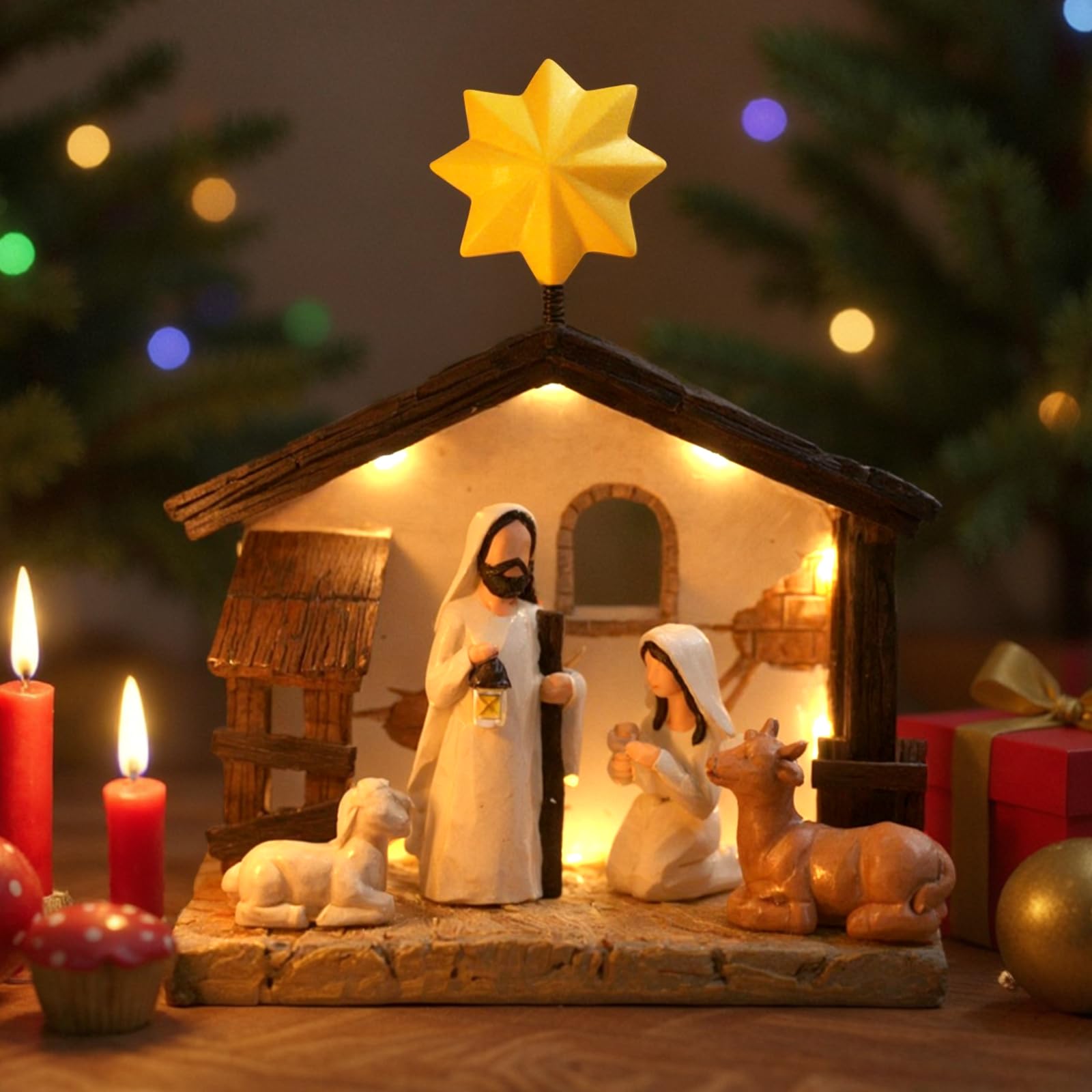 Top-spring Krippenfiguren Set, Weihnachtskrippe mit Beleuchtung, Krippe Weihnachten Komplettset, Krippenfiguren klein, Krippenstall, Weihnachtskrippen Indoor, Nativity Scene (13er Set)