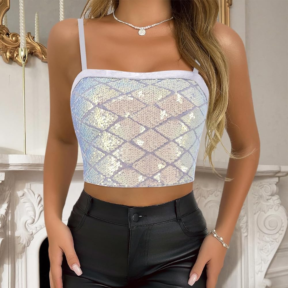 Erinaco Women Glitter Sequin Crop Top Sparkly Mermaid Tank