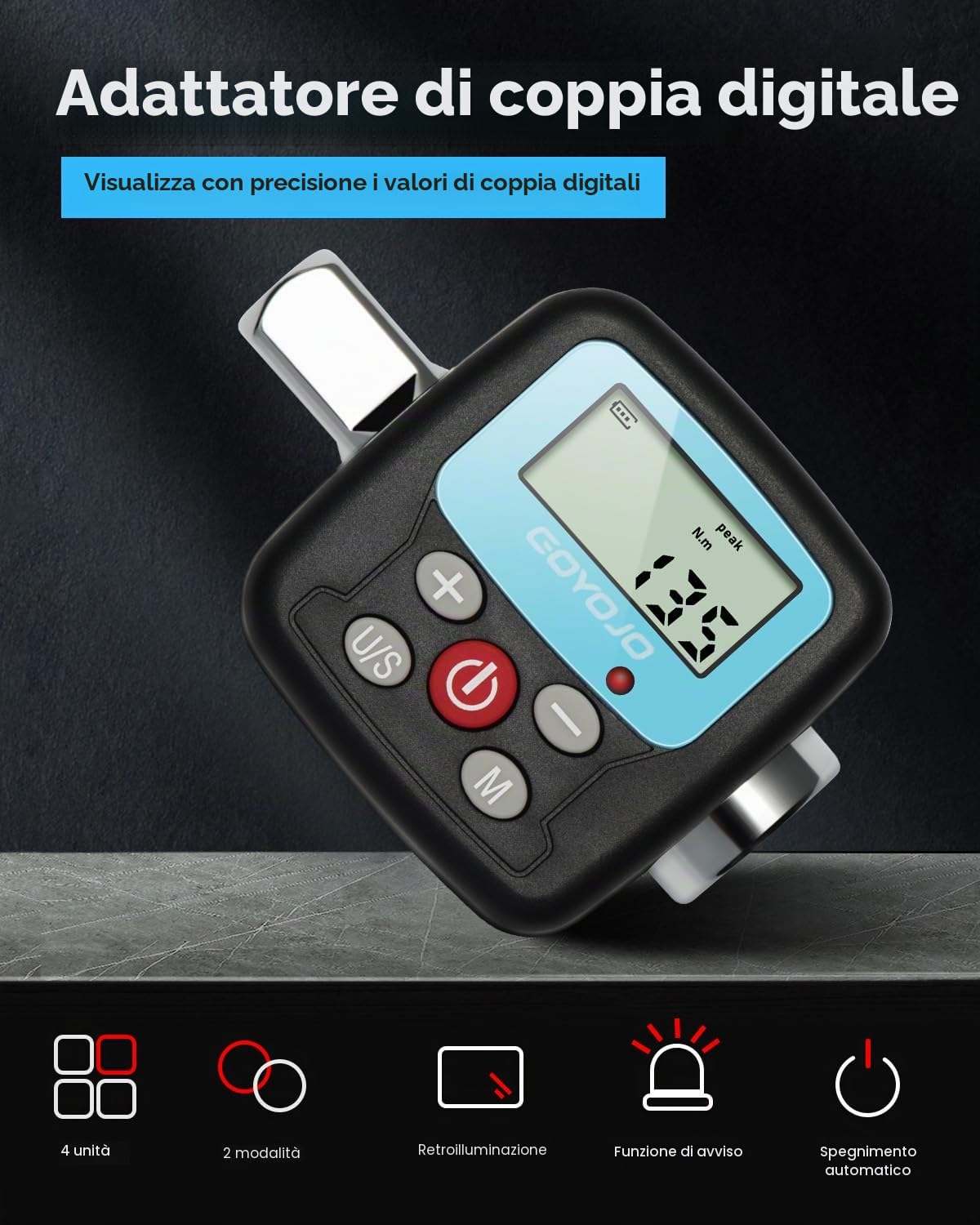 GOYOJO Set di Chiave Dinamometrica Digitale, 1/2 1/4 3/8 Adattatori ad Alta Precisione 4 Unità di Coppia Retroilluminate 2 Modalità Perfetto per Riparazioni Automobilistiche Bici Moto (340 N.m)