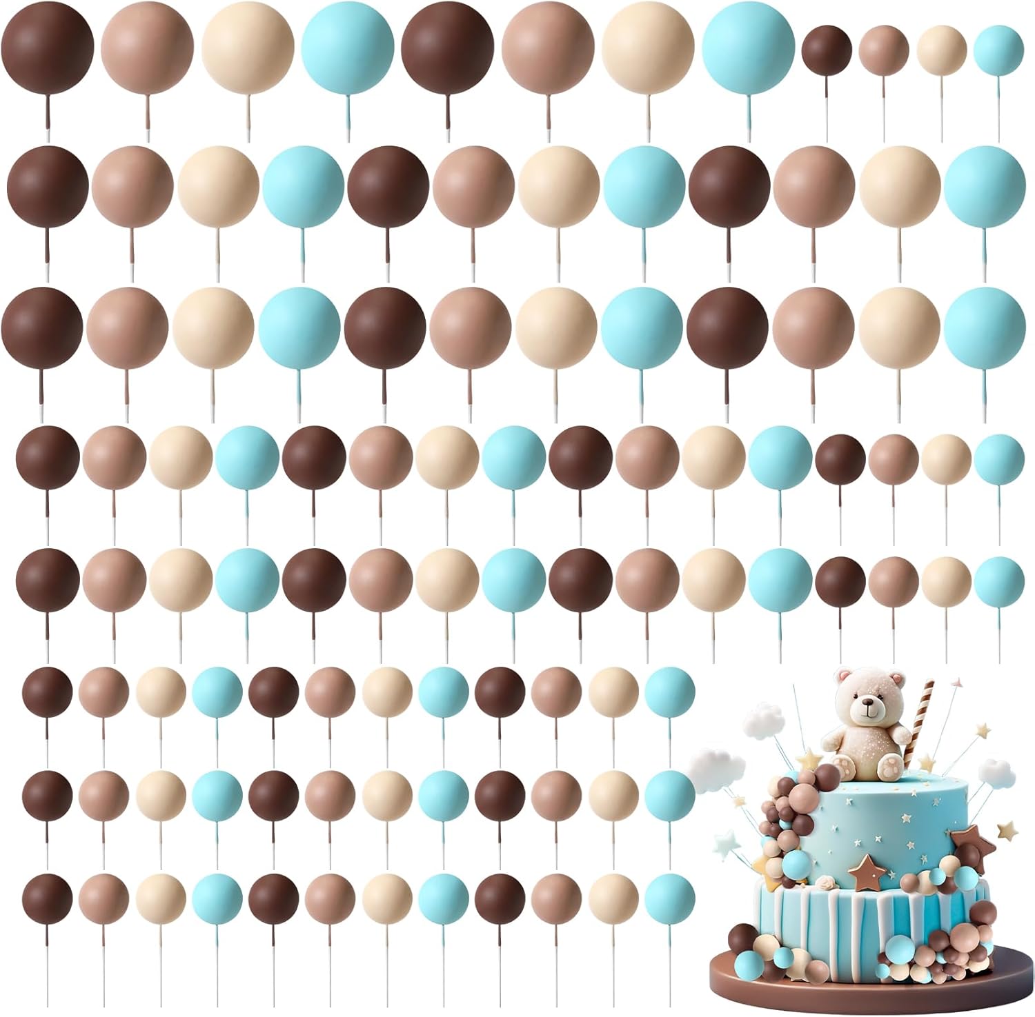 Hotop 168 Pcs Ball Cake Toppers Mini Balloons Foam Balls Cake Topper DIY for Bear Birthday Party Baby Shower Wedding Anniversary Decoration(Blue,Brown,Beige)