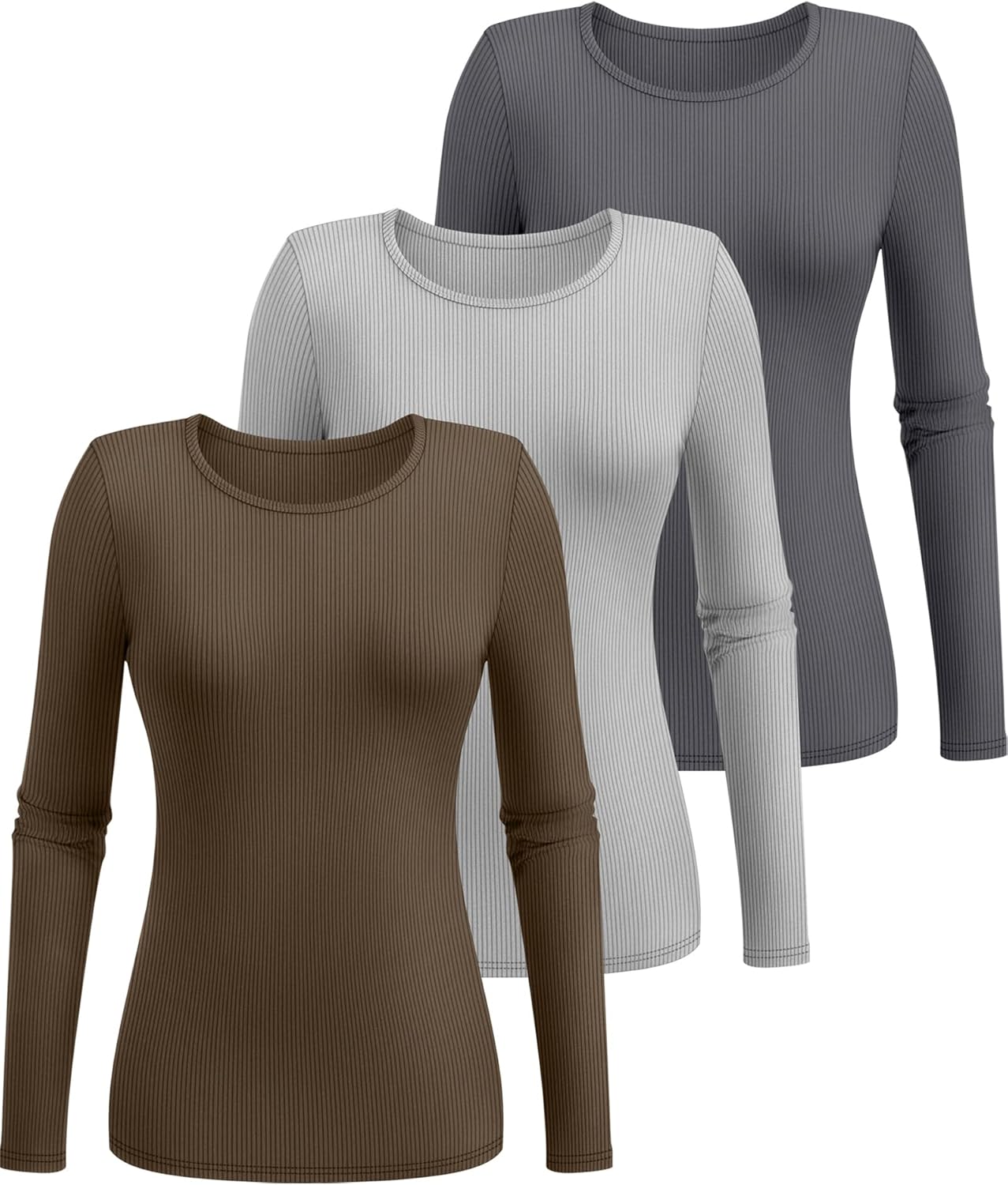 Ficerd 3 Pack Women's Ribbed Long Sleeve Tops, Crew Neck Slim Fit Undershirts Knit Basic Casual Stretch Layering Tee Shirts - Image 3