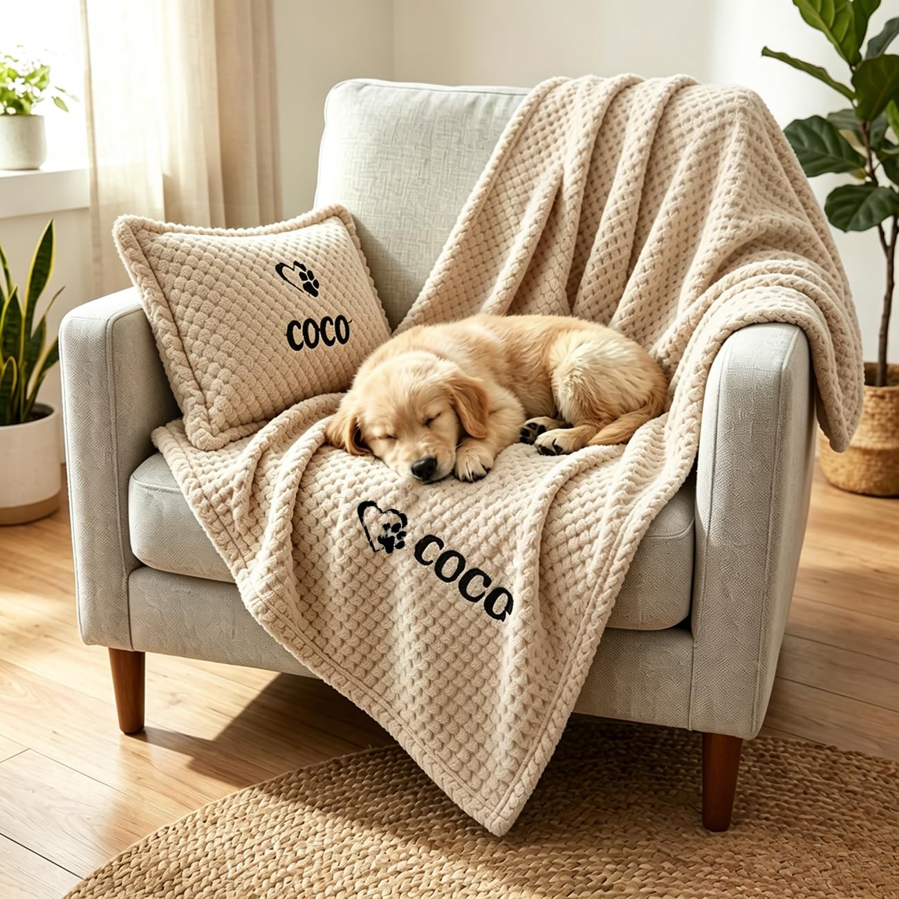 Personalized Pet Blanket and Pillow Set, Embroidered Name Dog Blanket and Cushion Set with Name & Paw Print, Soft Waffle Fleece Blankets and Pillow for Dogs Cats(Beige)