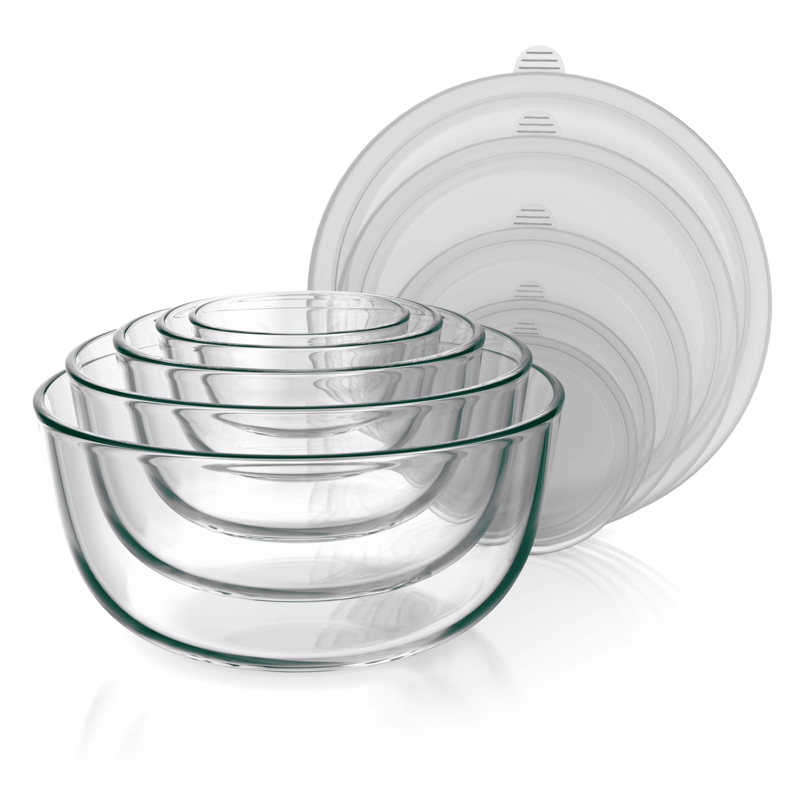 Arendo - Rührschüsseln aus Glas mit Deckel - Glasschüssel 5er Set - 1000ml + 1500ml + 2000ml + 2700ml + 4400ml – Rührschüsseln klein bis groß – Borosilikatglas - Salatschüssel Glasschale