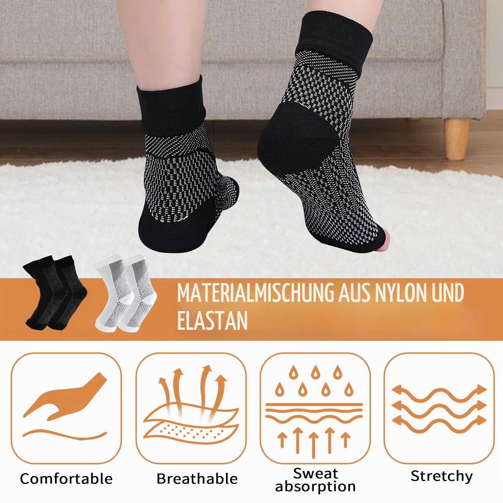4 Paar Neuropathie Soothe Kompressionssocken Herren, Kompressionsstrümpfe Damen, Orthopädische Compression Socks mit Offener Zehe, Sprunggelenkbandage für Plantarfasziitis Gelenkschmerzen,L/XL