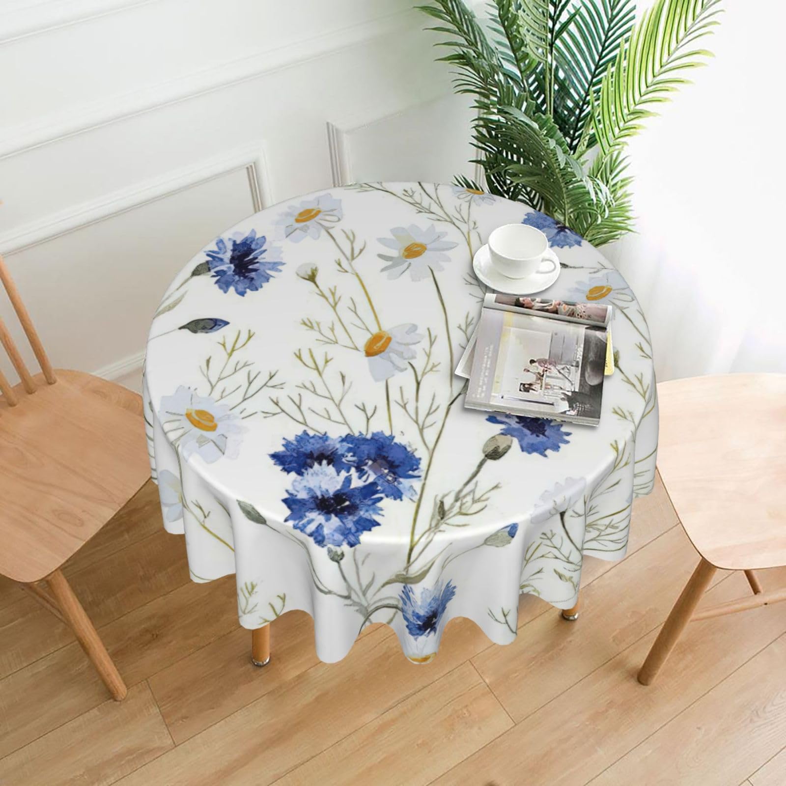 OXbnmm Wild Flowers and Cornflowers Daisies Print Soft Round Tablecloth 60in Polyester Washable Cover Cozy Gift for Mom Housewarming