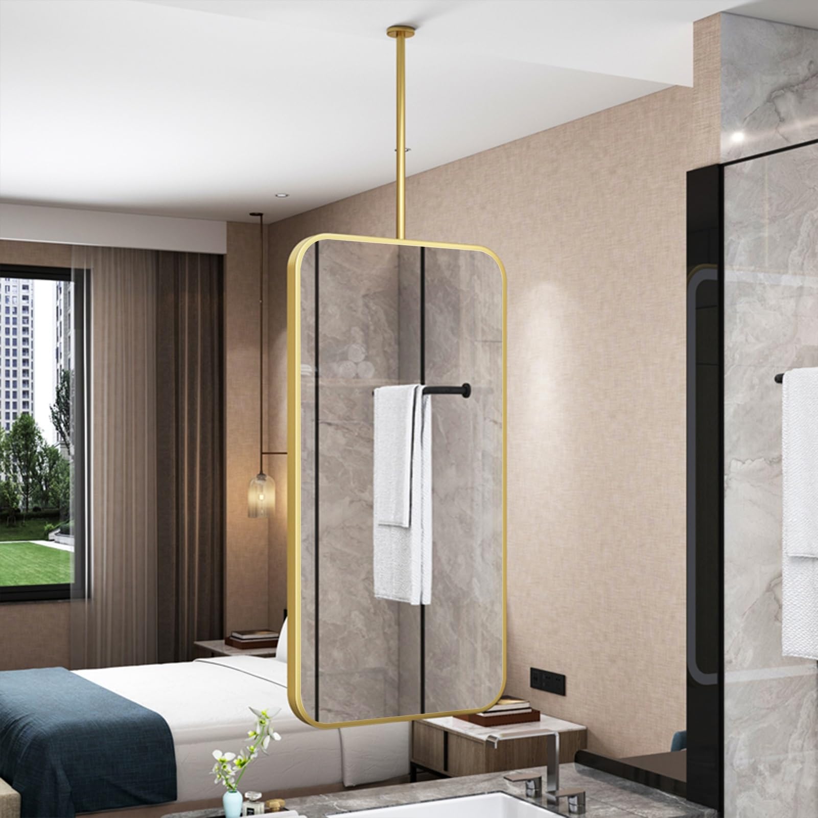 FGXHHS Ceiling Hanging Mirror Floating With Metal Frame, Rectangle Decorative Suspended Customizable Rod, Bathroom Vanity Shaving Makeup Mirrors, Gold(40cmx70cm)