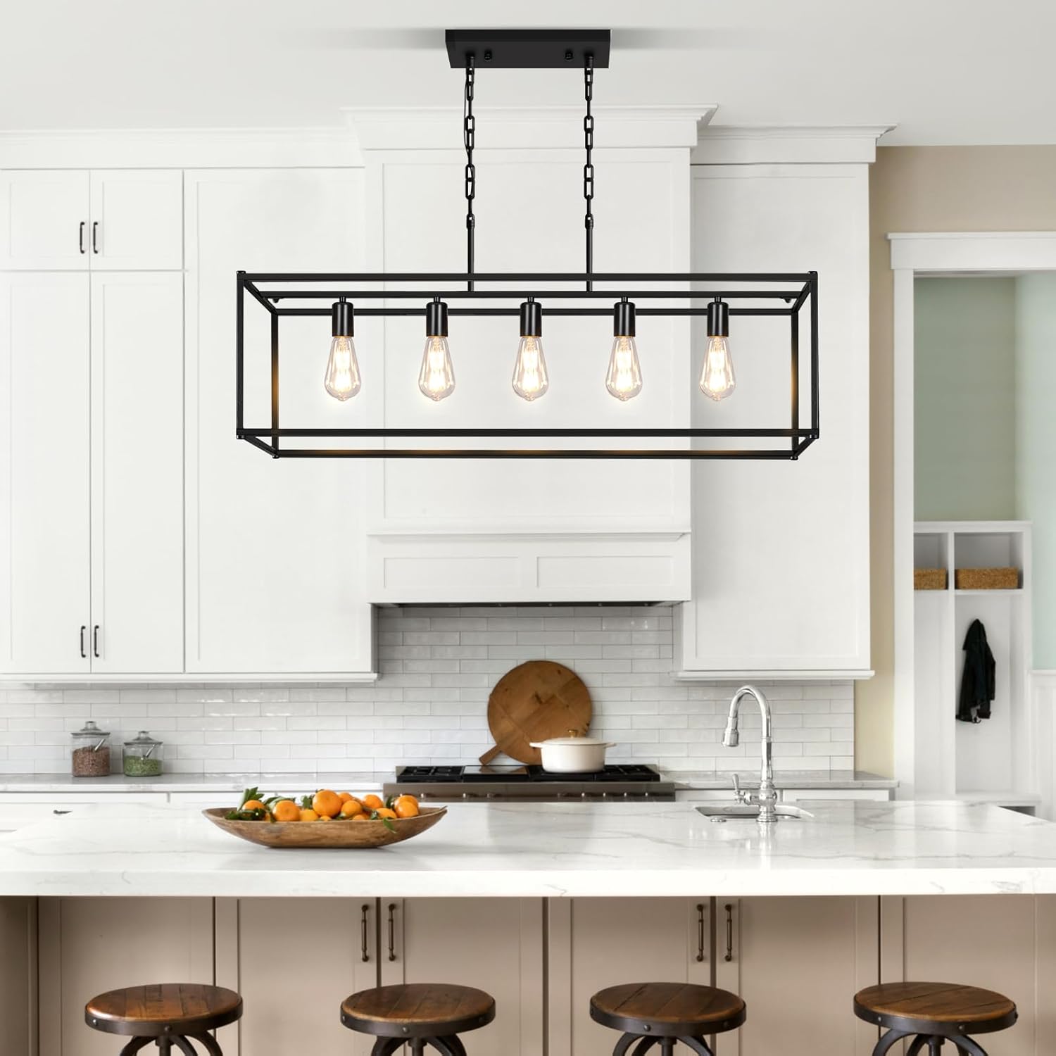 Modern Rectangle Linear Pendant Light, Black Chandelier for Dining Living Room Hallway,5 Lights Kitchen Island Lighting