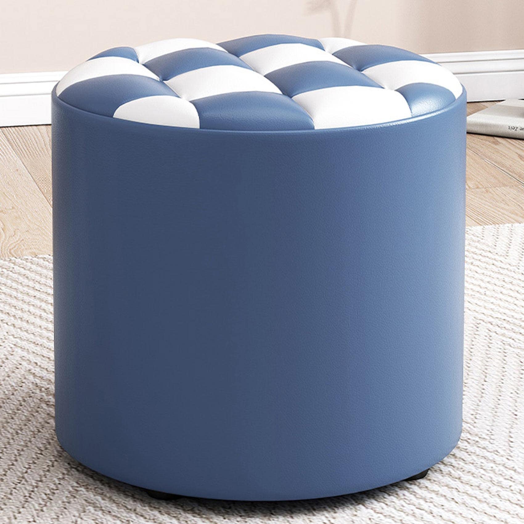 Repose-pieds ottoman rond bleu en cuir 31x35 cm pour salon et chambre