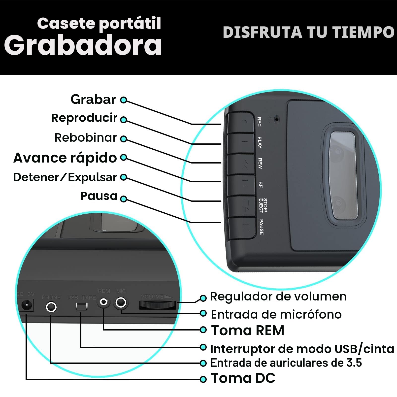 Grabadora de Casete Portátil Reproductor Casete Digitalizado a USB con Asa, Auriculares, Micrófono, Altavoz