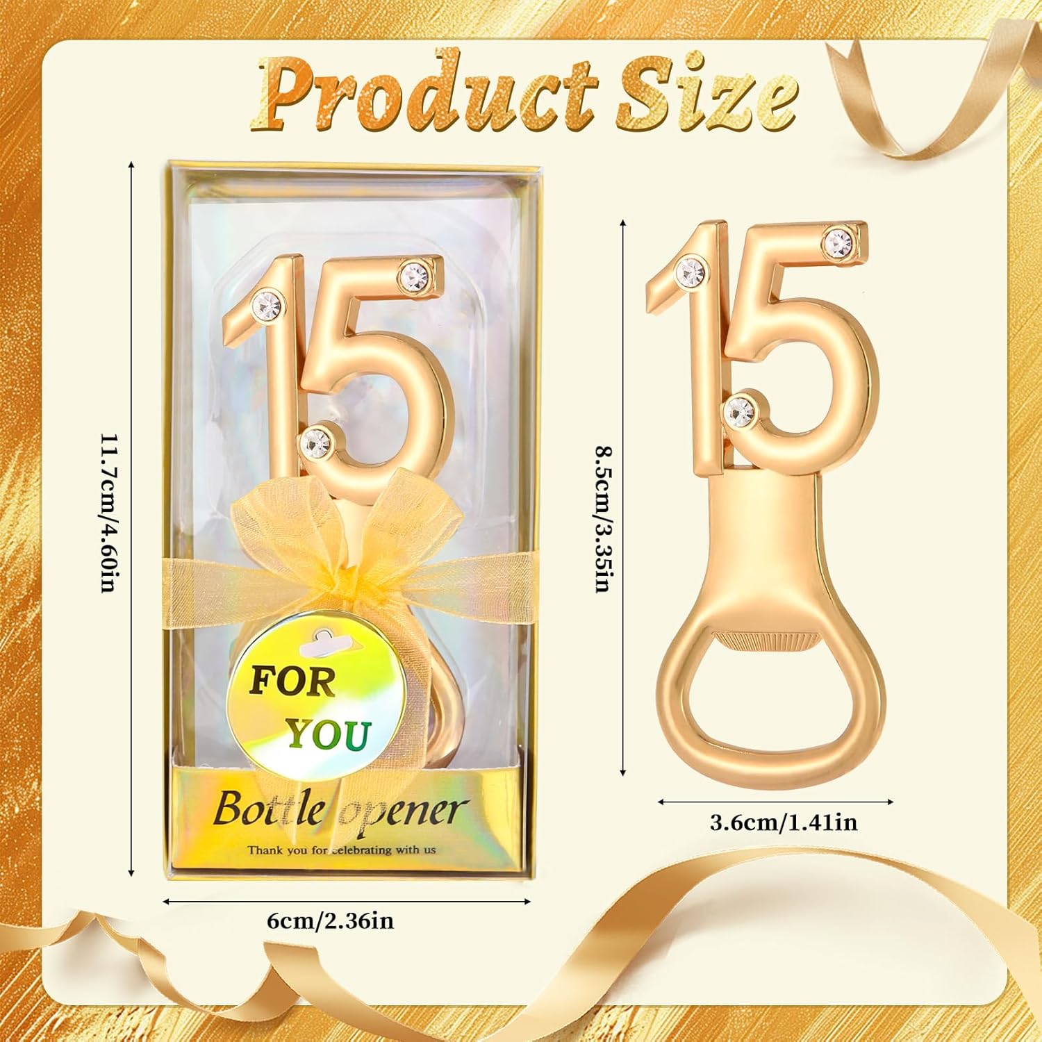 24Pcs Golden 15 Bottle Openers for 15th Birthday Party Favors Rhinestones Decorations for Wedding Anniversary Gifst Souvenrs or Keepsaks for Guests