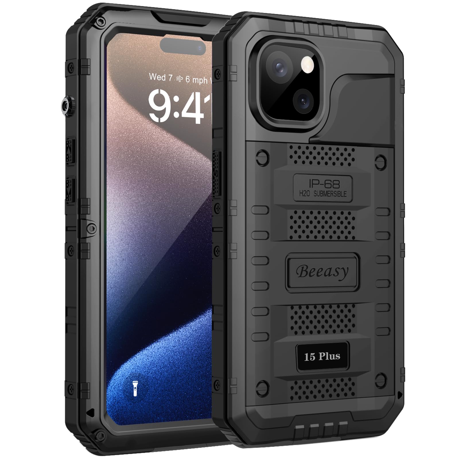 Beeasy Cover per iPhone 15 Plus IP68 Impermeabile, 360 Completa Antiurto Militare Rugged Armor,Resistente Indistruttibile Metallo Custodia, Subacquea Protezione Case per iPhone 15 Plus,Nero
