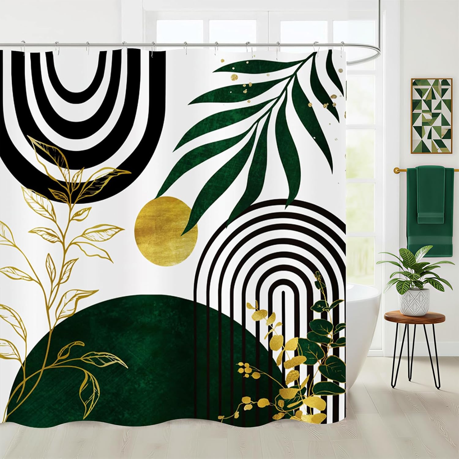 Olive Green and Gold Boho Mid Century Shower Curtain, Modern Minimalist Leaf Arch Sun Shower Curtains for Bathroom Waterproof Fabric Bath Curtain 72x72 Inch with 12 Hooks
