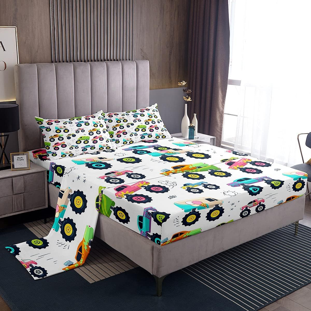 Loussiesd Cars Bedding Fitted Sheet Cute Monster Truck Bed Sheets for Kids Boys Heavy Machinery Equipment Bed Sheet Set Cool Vehicle Modified Colorful 3Pcs Single Size