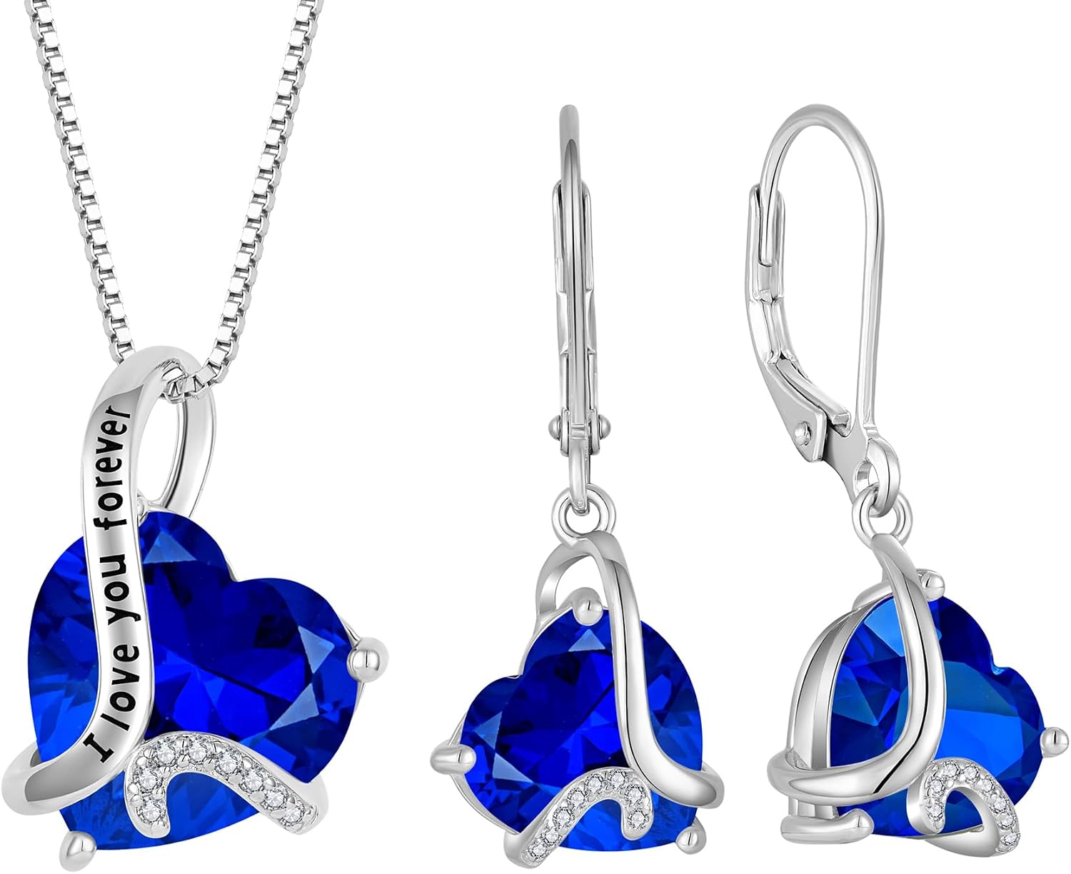 Heart September Birthstone Sapphire Jewelry Set - "I Love You Forever" Engraved Blue Pendant Necklace & Drop Earrings Hypoallergenic Jewelry for Women, Valentine's Day Birthday Mother's Day