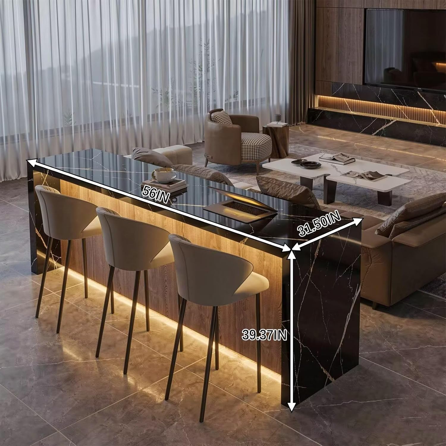 Kitchen Island with Storage - Kitchen Island Table with Glass Front Cabinets, Luxurious Dinner Table Includes Marble-Effect Top,Compact Size, Power Outlets for 4 (56IN No Chairs)