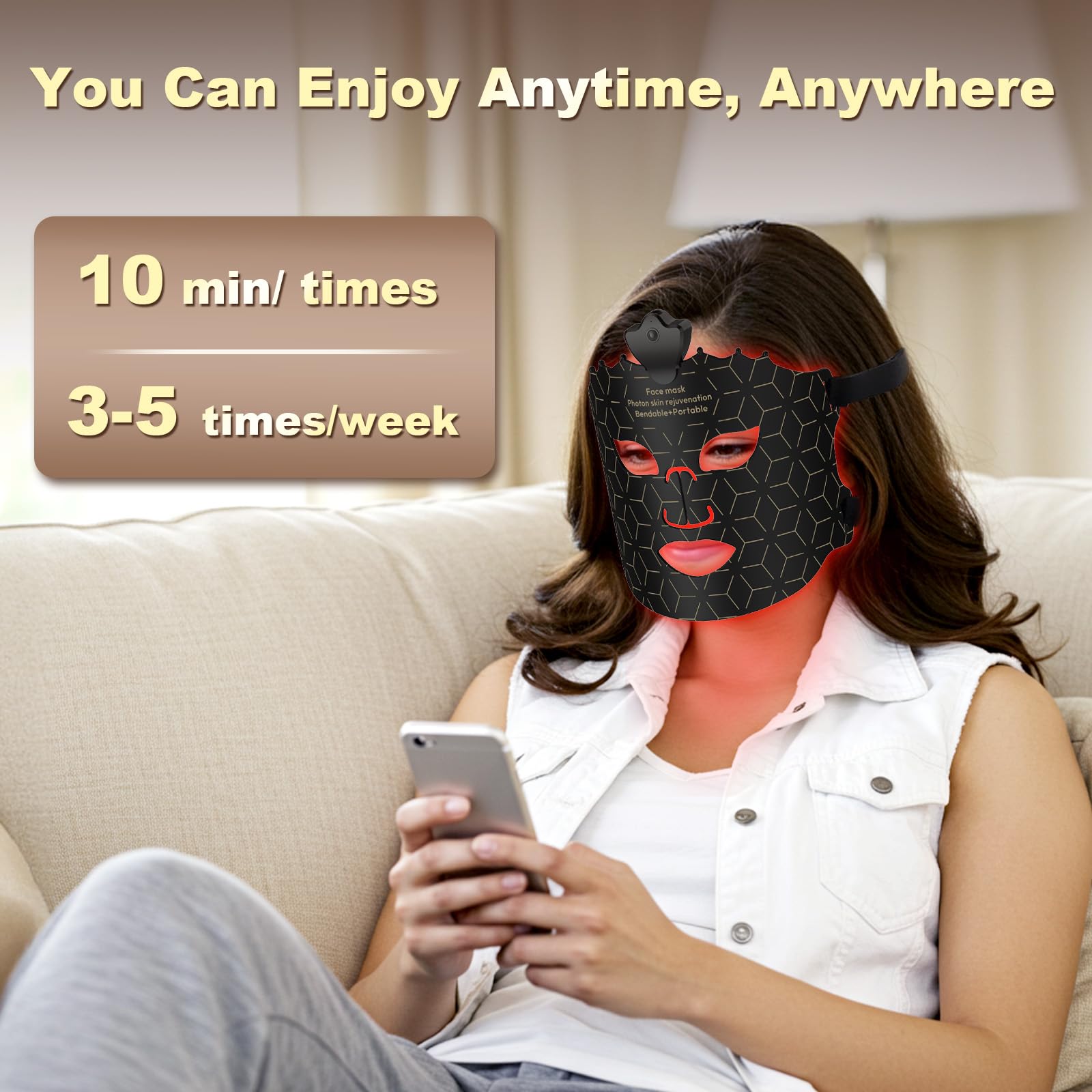 Masque LED visage 7 couleurs, 240 LED, sans fil | 7 modes, couverture uniforme, silicone doux, minuterie auto 10 min
