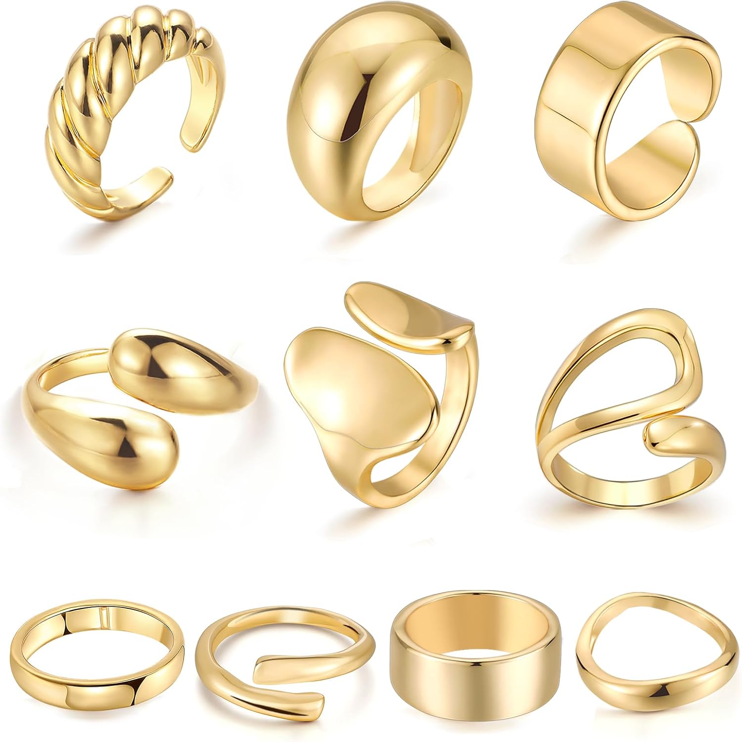 ÌF ME 10 PCS Gold Rings Set for Women Non Tarnish, 18K Gold Plated Chunky Stackable Rings, Statement Stacking Womens Ring Pack
