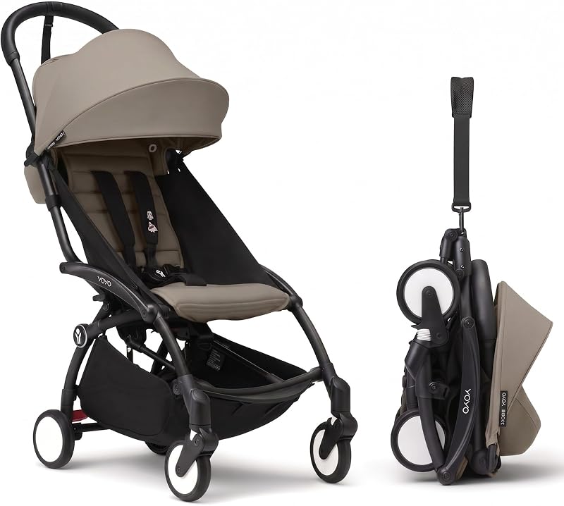 Stokke YOYO3 Travel Stroller from 6 Months, Easy Fold, Black/Taupe | Includes Frame, Seat Cushion, & Canopy, Light & Compact, Carry-on Compatible, Storage in Zip Back Pocket & Under Seat Basket