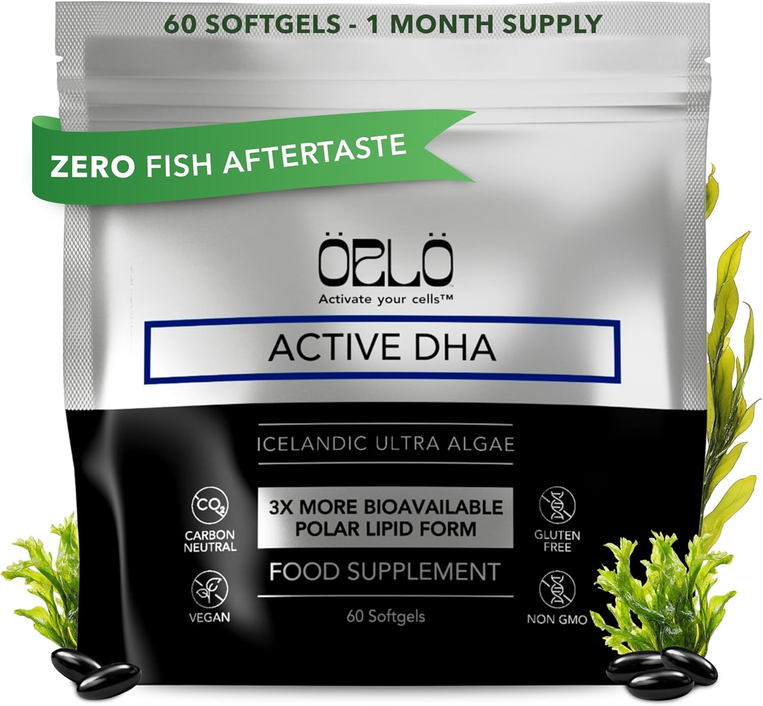 Orlo DHA Supplement 1000mg - 3X Absorption Natural Icelandic Nordic Omega 3 DHA & EPA for Brain & Eye Support – Vegan Fish Oil Alternative, No Fishy Aftertaste, 60 Easy-to-Swallow Mini Softgels
