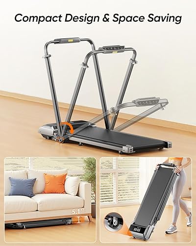 Vista 8 de Walking Pad with 12% Incline & Height-Adjustable Handlebar, 5-in-1 Foldable Treadmill for Home & Office, Portable Under Desk Treadmill with LED