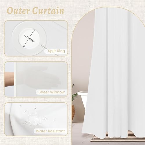 Miniatura 4 de Cortina de ducha blanca sin gancho, cortina de ducha texturizada de poliéster con forro a presión, cortinas de baño impermeables y lavables para
