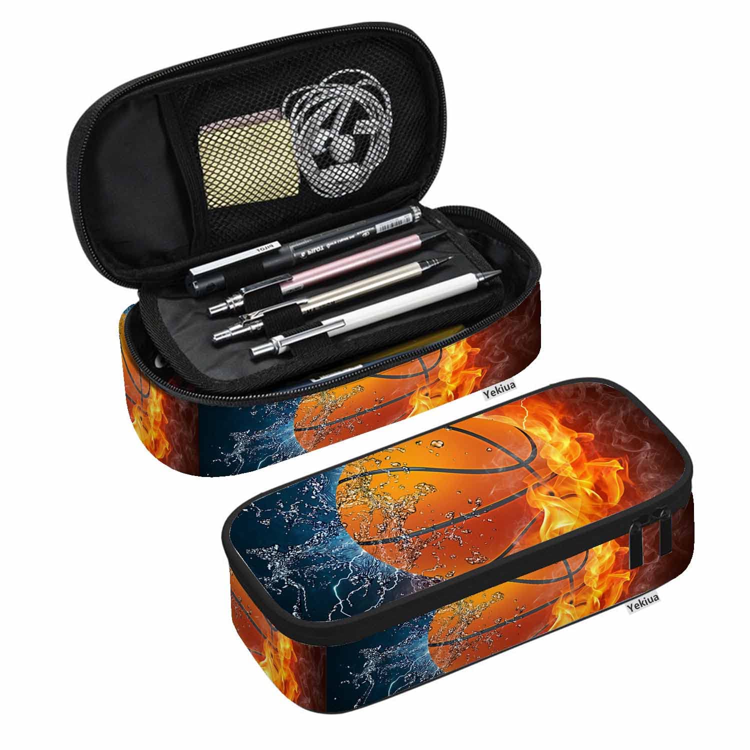 Yekiua Basketball Pen Bag Ball Flame Water Large Pencil Case Big Capacity For Teen Boys Girls School Students Pencil Pouch Pencil Holder