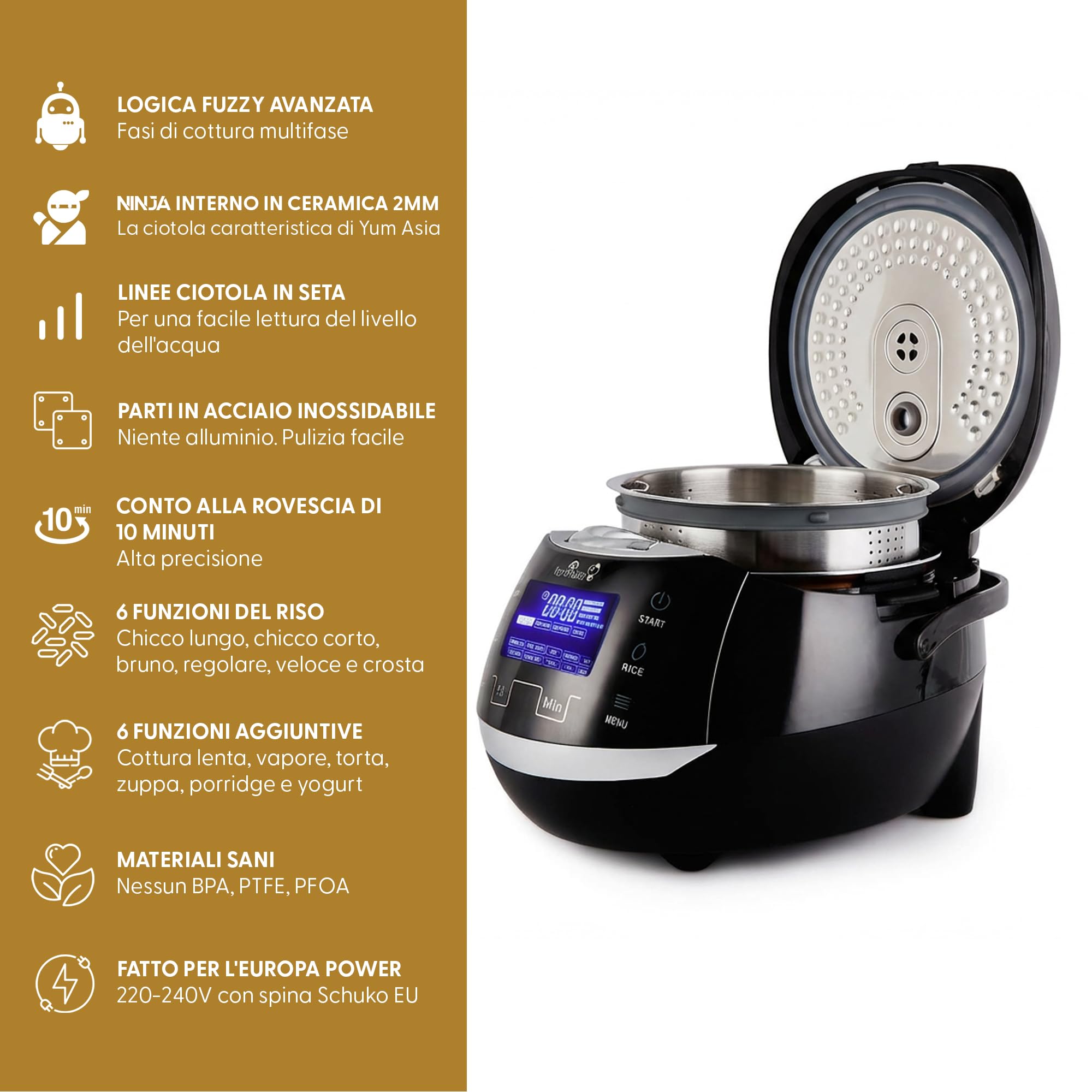 Yum Asia Sakura cuociriso con ciotola in ceramica e Micom Fuzzy Logic (8 tazze, 1,5 litri) 6 funzioni di cottura del riso, 6 funzioni Multicooker, display a LED Motouch - 220-240V EU