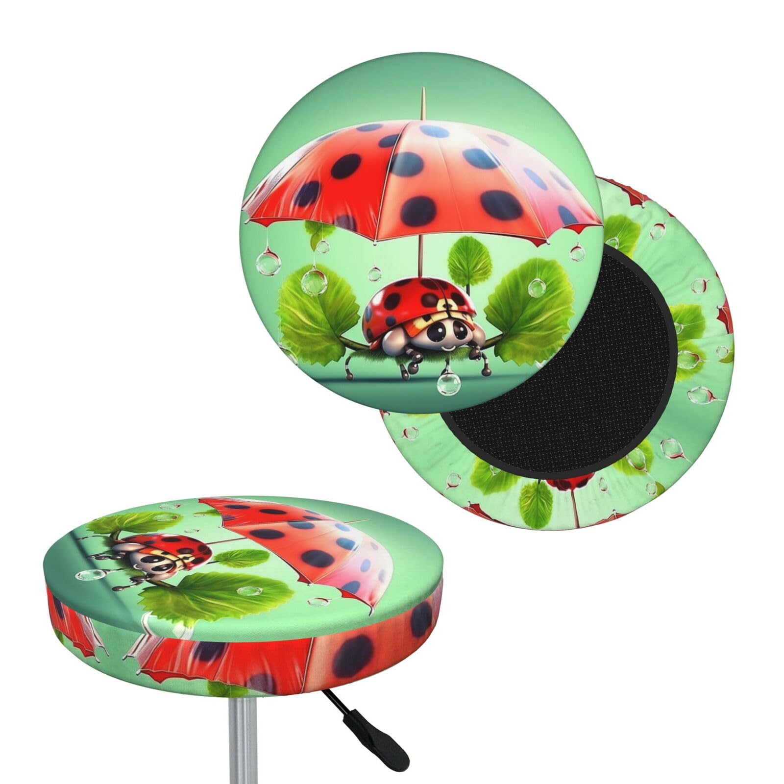 FodPand Funny Ladybug Holding Umbrellas Bar Stool Cover Round Elastic Stool Cushion Covers Washable Bar Stool Chair Slipcover Stretch Stool Seat Covers for 12-14 Inch Chair
