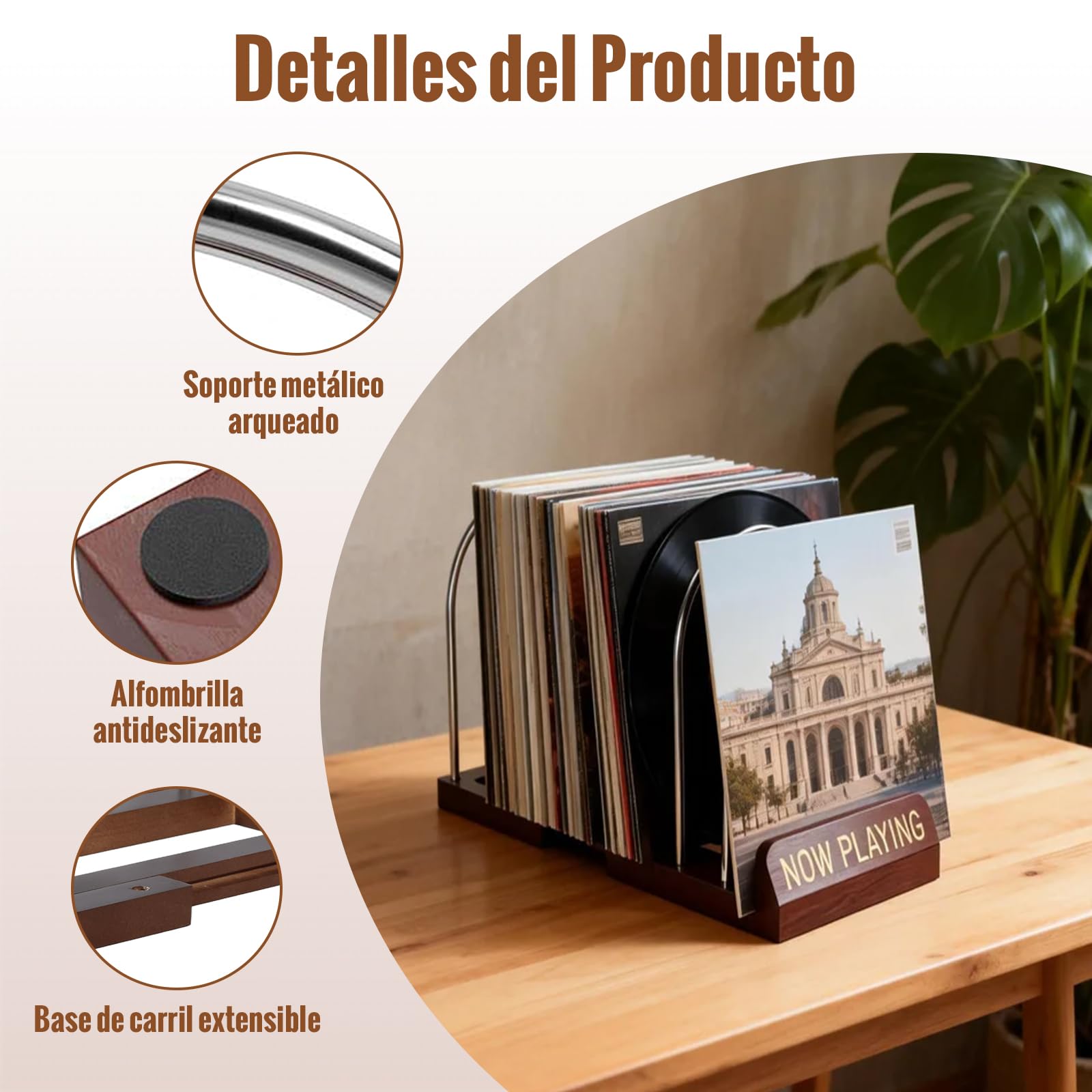 Now Playing Vinyl Stand, Soporte Vinilos Ajustable para 30-70 LP, Compacto y Estable