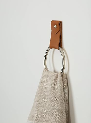 Miniatura 8 de KEYAIIRA - Small Wide Leather Wall Hook, Silver Towel Ring Wall Hanging Strap Towel Hook for Wall Leather Loop Strap Minimal Towel bar Rack Storage