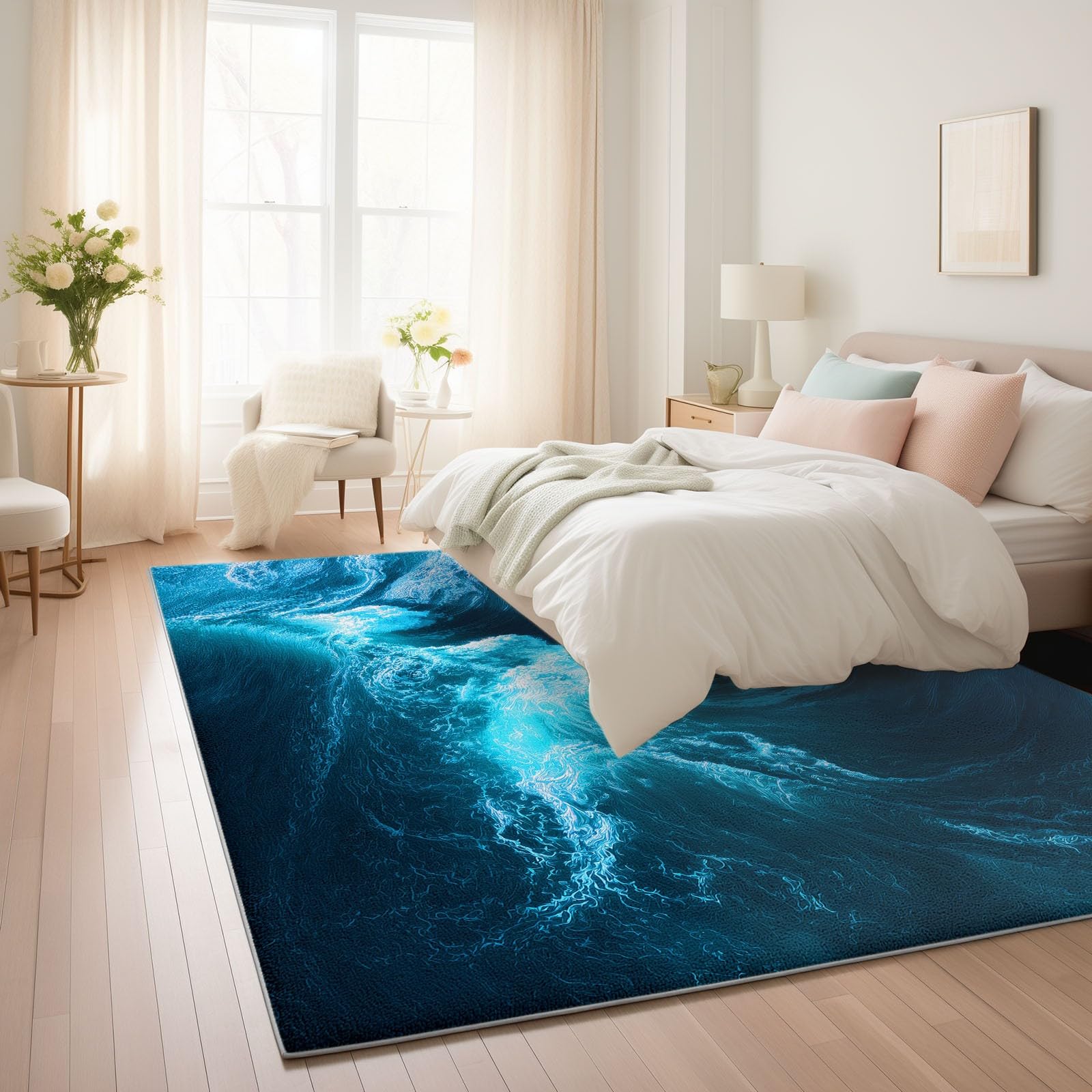 Générique Tapis Salon Photographie Vagues 90 x 150 cm Tapis Chambre Impression 3D Moderne, Bleu Moquette Antidérapant Lavable Machine, pour Salon Salle à Manger Bureau