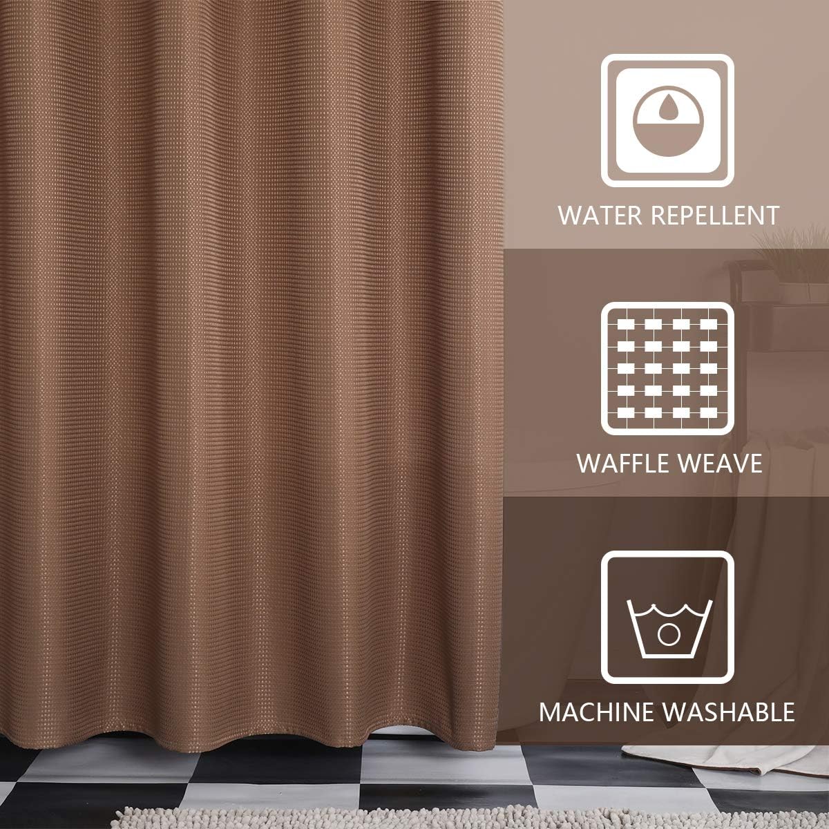 SPXTEX Brown Waffle Waterproof Shower Curtains - 96" L x 72" W, Farmhouse Modern Rectangle Textured Bathroom Shower Curtains with Hooks