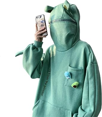 YEMOCILE Women Novelty Frog Hoodie Cute Animal Shape Zip up Green Hooded Top Sweatshirt
