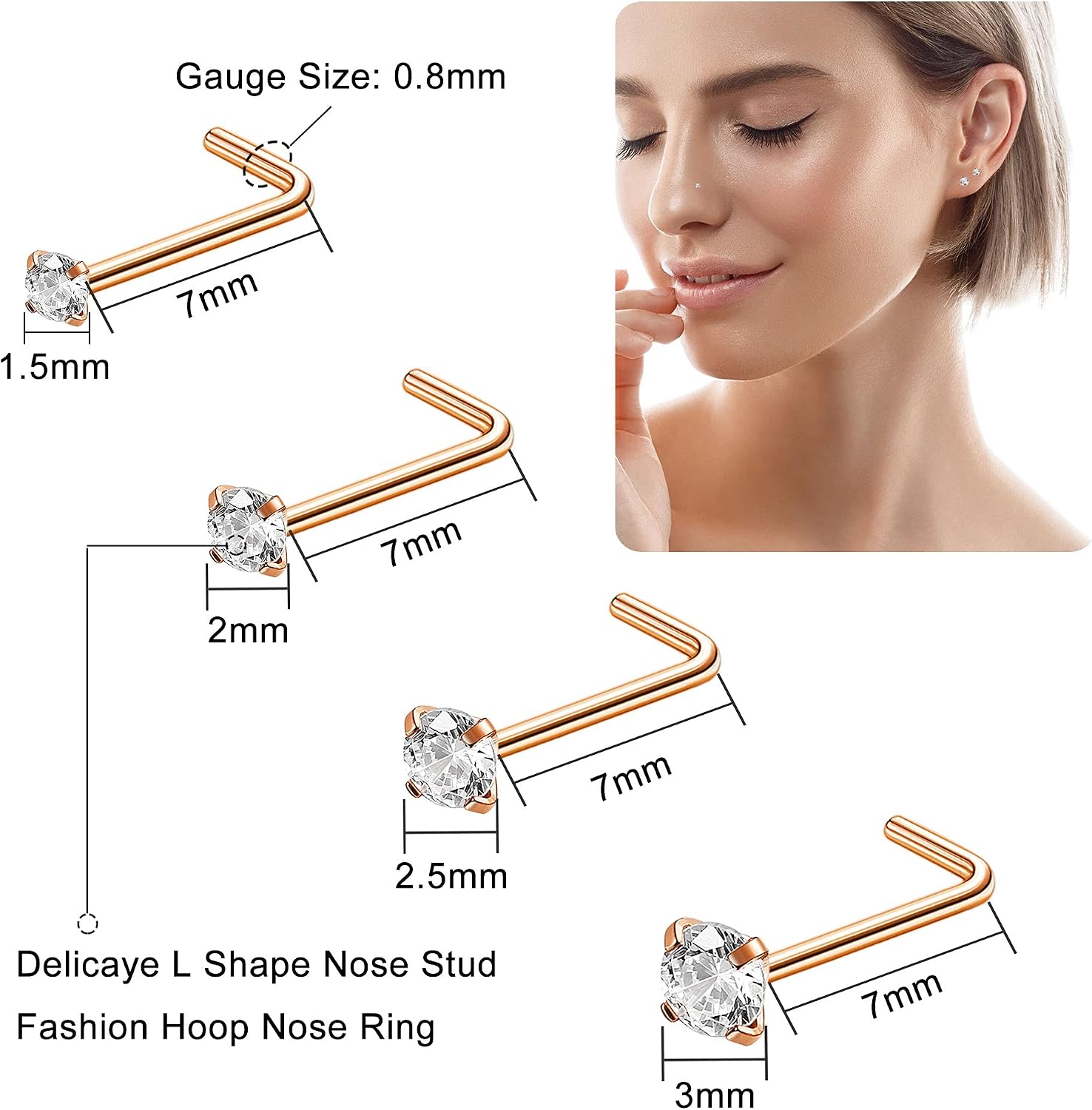 Kakonia Nose Rings for Women Men 20G 316L Stainless Steel Nose Hoop L Shaped Nose Studs Silver Gold Rose Gold Black Rainbow Nose Piercing Jewelry - Image 4